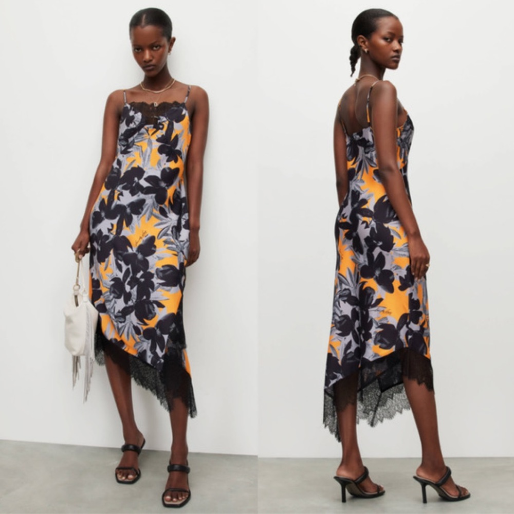 All Saints Neon Orange Black Lace Trim Floral Maxi Slip Dress